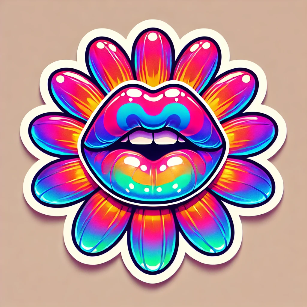 Flower-Mouth Cookie logo – psychedelic rainbow flower with open mouth