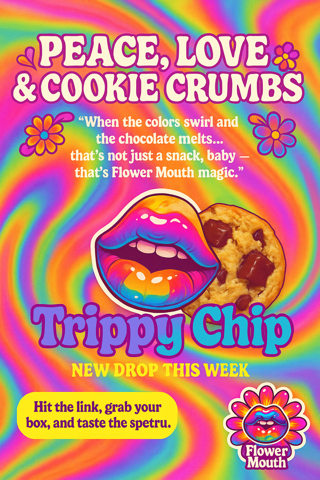 Flower-Mouth Cookie Trippy Chip promotion poster — Peace, Love and Cookie Crumbs — Charlotte NC's best psychedelic cookies