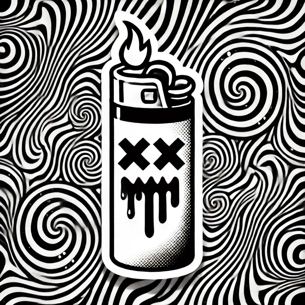 Black and white psychedelic lighter sticker with swirls — Flower-Mouth Cookie Charlotte