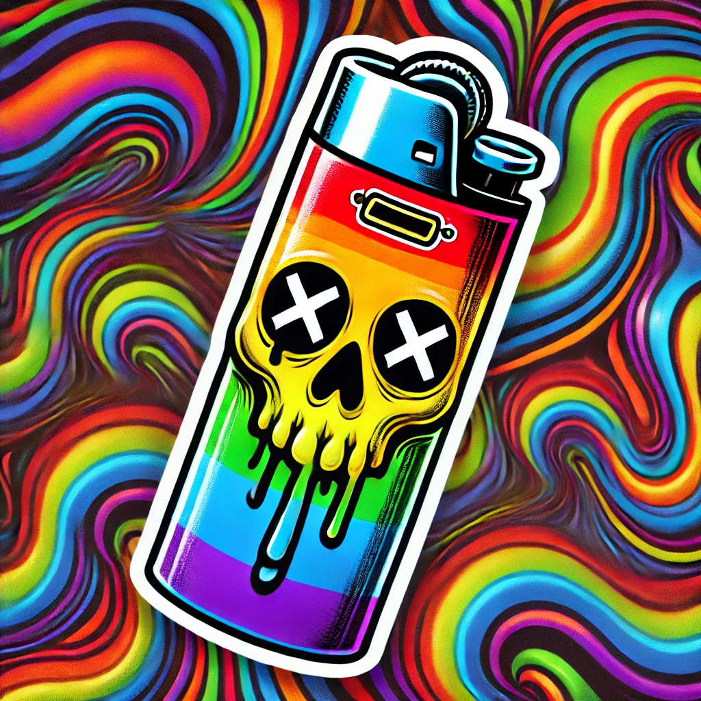 Psychedelic rainbow lighter with skull sticker — Flower-Mouth Cookie brand art Charlotte NC