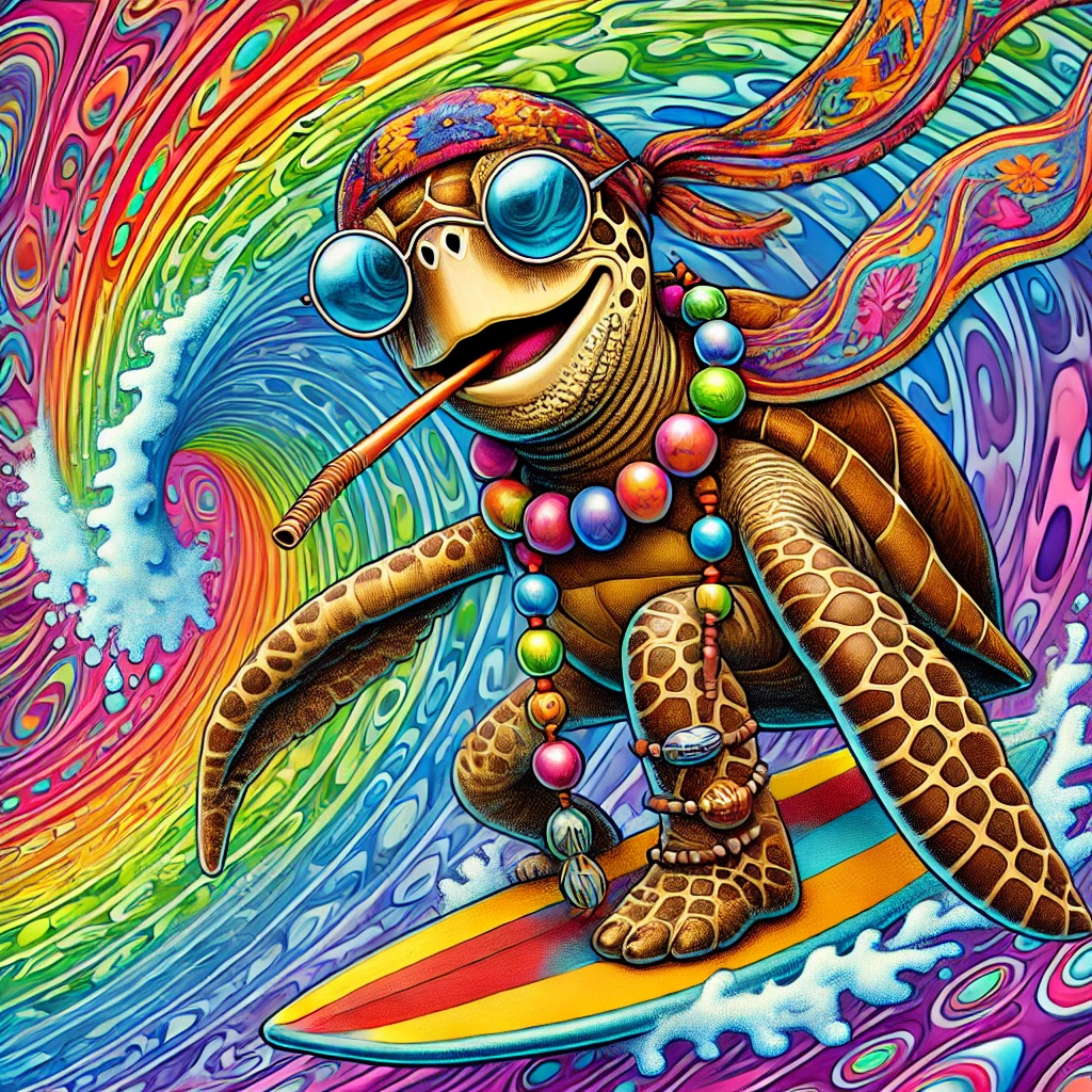 Psychedelic surfing turtle — a Flower-Mouth Cookie mascot representing the free-bass spirit of Charlotte's best cookie shop